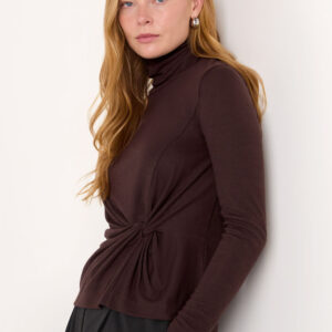 Brown Roll Neck Twist Front Top