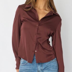 Ally Fashion Brown Satin Shirt Long Sleeve Collar