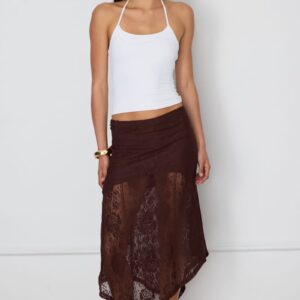 Ally Fashion Brown Scarf Hem Midi Skirt Elastic Waist Lace