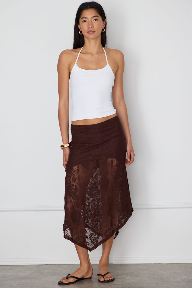 Ally Fashion Brown Scarf Hem Midi Skirt Elastic Waist Lace