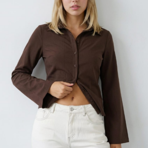 Brown Shirt Long Sleeve Collared Button Up