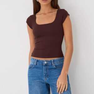 Ally Fashion Brown Square Neck T-shirt Cap Sleeve Brown Square Neck T-shirt Cap Sleeve