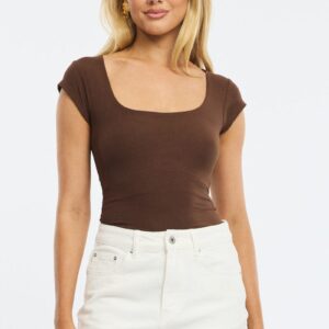 Ally Fashion Brown Square Neck T-shirt Cap Sleeve Brown Square Neck T-shirt Cap Sleeve