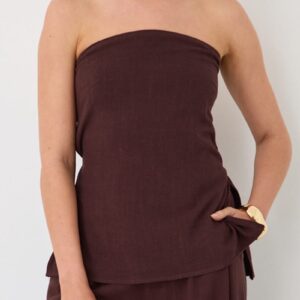 Ally Fashion Brown Strapless Top Linen Blend Side Splits