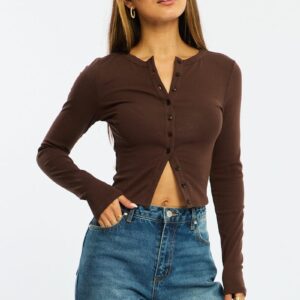 Brown Stripe Button Front Top Short Sleeve