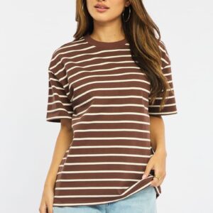 Ally Fashion Brown Stripe Oversized Tee Short Sleeve
