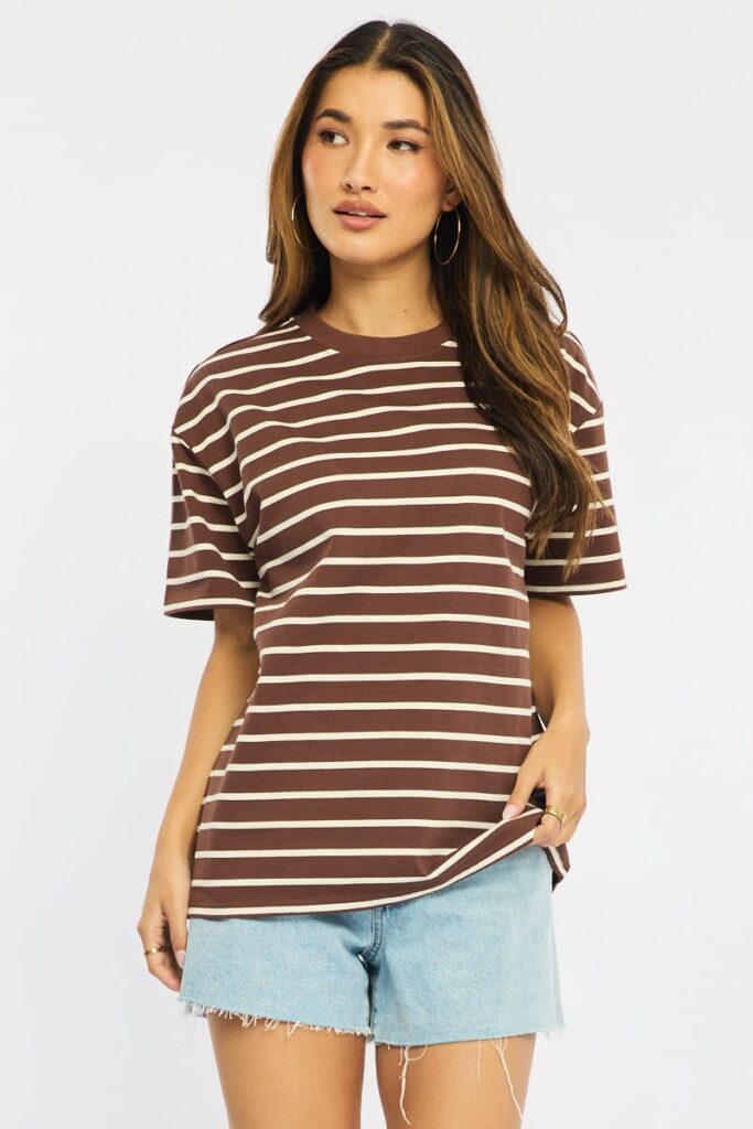 Ally Fashion Brown Stripe Oversized Tee Short Sleeve