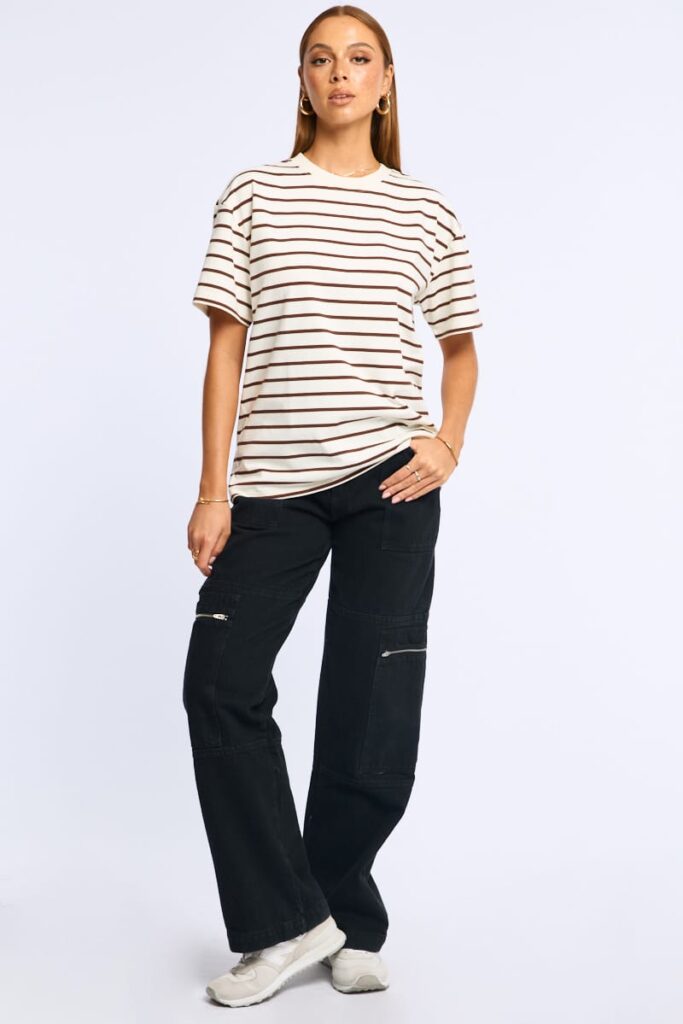 Ally Fashion Brown Stripe Oversized Tee Short Sleeve
