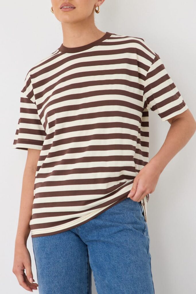 Ally Fashion Brown Stripe Oversized Tee Short Sleeve