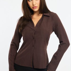 Ally Fashion Brown Stripe Shirt Long Sleeves Collared Button Up Pinstripe