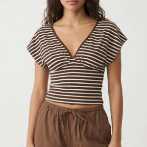 Ally Fashion Brown Stripe Short Sleeve V-neck Top