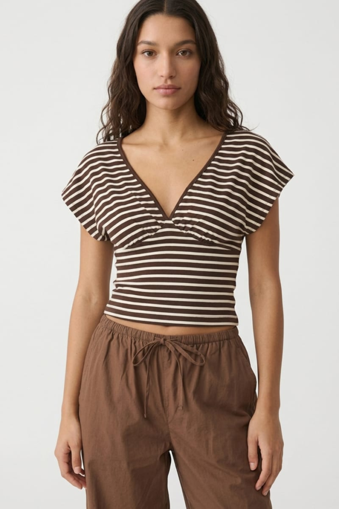 Ally Fashion Brown Stripe Short Sleeve V-neck Top