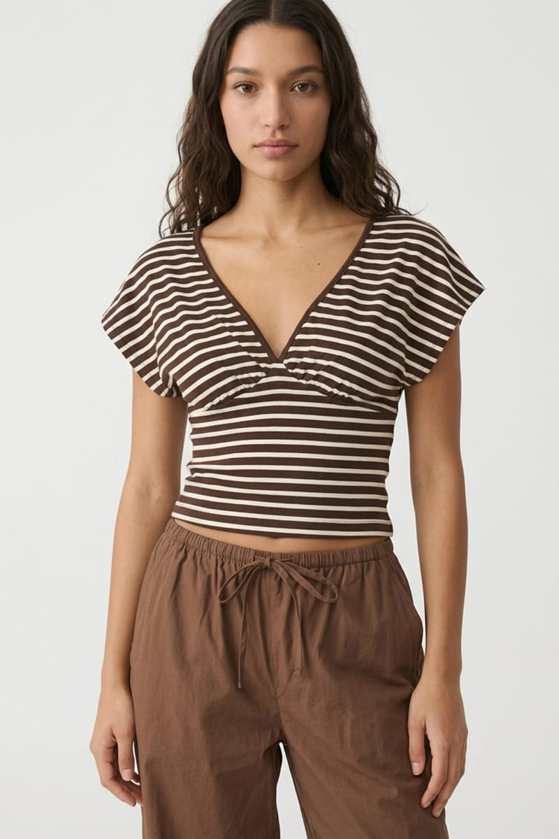 Ally Fashion Brown Stripe Short Sleeve V-neck Top