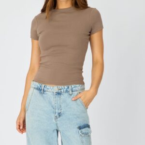 Ally Fashion Brown T-shirt Short Sleeve Crew Neck