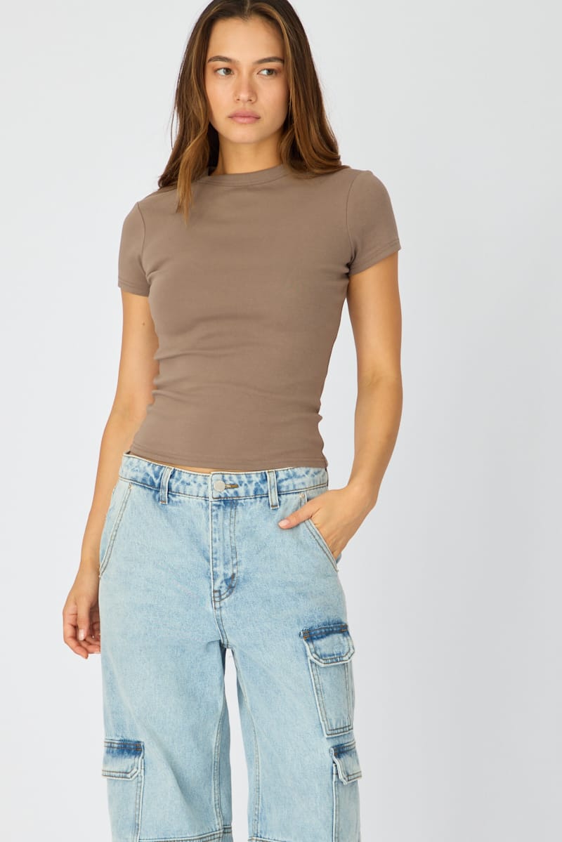 Ally Fashion Brown T-shirt Short Sleeve Crew Neck
