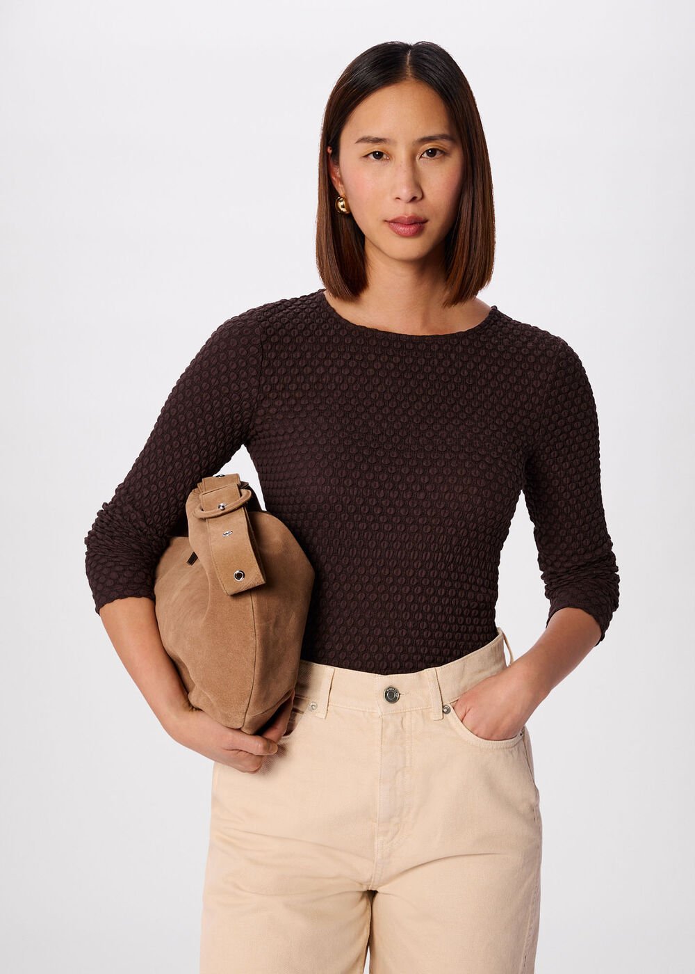 Brown Textured Circle Jersey Top