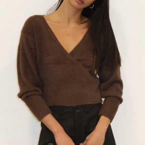Ally Fashion Brown V-neck Wrap Knit Long Sleeve