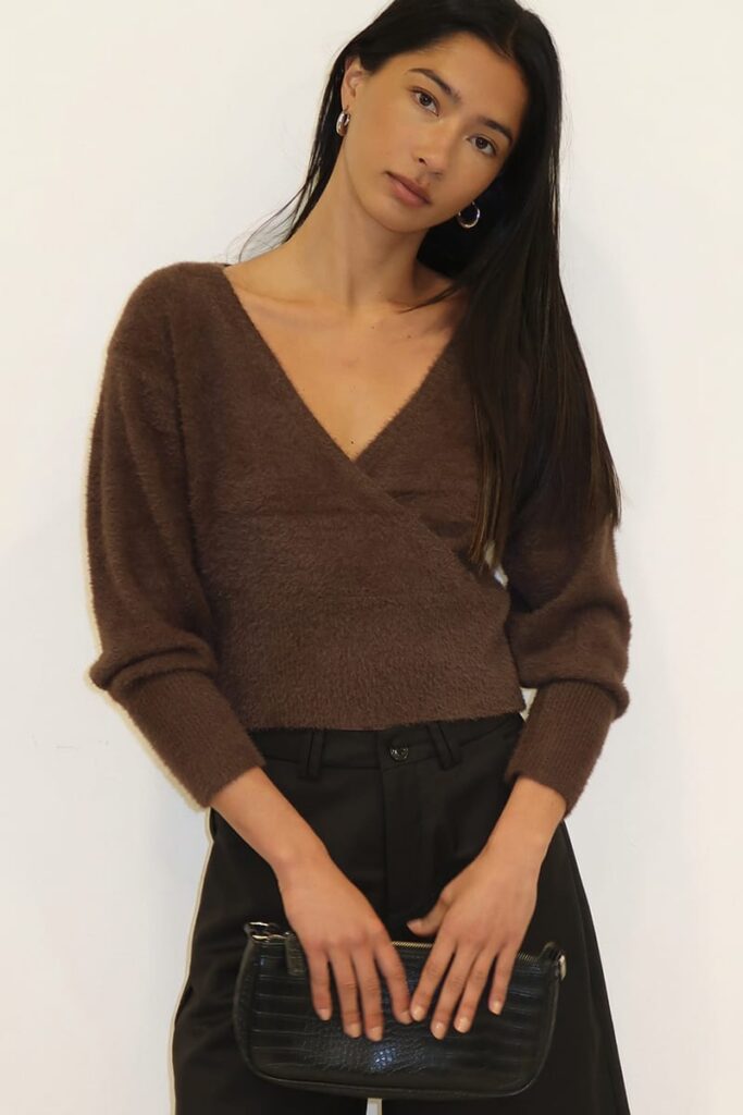 Ally Fashion Brown V-neck Wrap Knit Long Sleeve