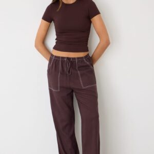 Ally Fashion Brown Wide Leg Pants Contrast Stitch Brown Wide Leg Pants Contrast Stitch
