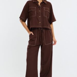 Brown Wide Leg Pants Contrast Stitch