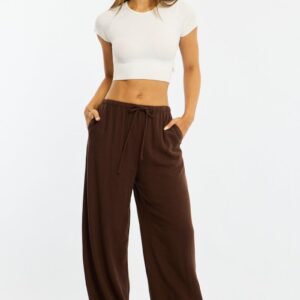 Brown Wide Leg Pants Linen Blend