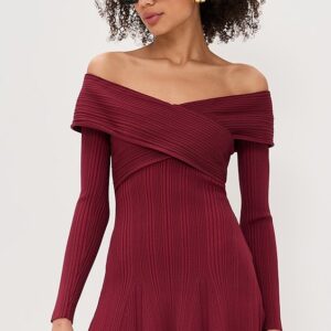 Self Portrait Burgundy Viscose Knit Mini Dress