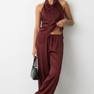 Ally Fashion Burgundy Wide Leg Pants Elasticated Waist Satin