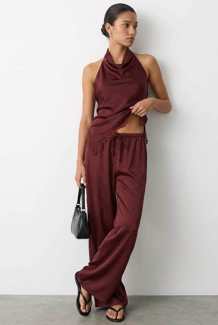 Ally Fashion Burgundy Wide Leg Pants Elasticated Waist Satin