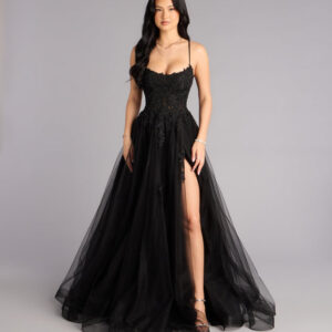 Windsor Caitlin Lace-Up Applique A-Line Formal Dress Caitlin Lace-Up Applique A-Line Formal Dress