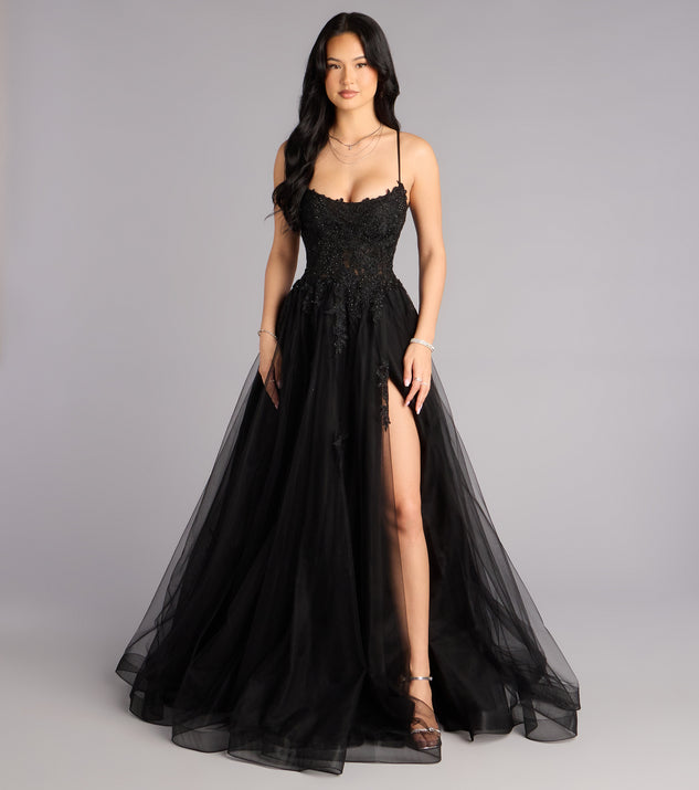 Windsor Caitlin Lace-Up Applique A-Line Formal Dress