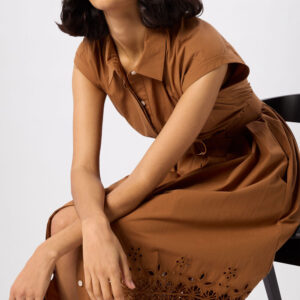 Camel Cotton Broderie Shirt Dress