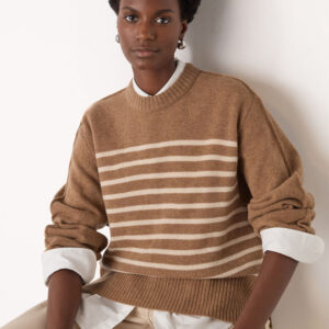 Camel Wool Stripe Crew Neck Knit