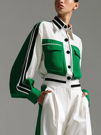 Casual Color Block Buttoned Mock Neck Shirt