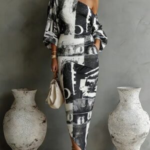 stylewe Casual Random Print Balloon Sleeve One Shoulder Maxi Dress Casual Random Print Balloon Sleeve One Shoulder Maxi Dress