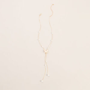 Caught Fluttering Pearl Butterfly Lariat Necklace