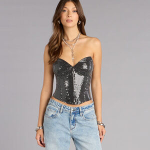 Center Of The Vibe Sequin Denim Bustier