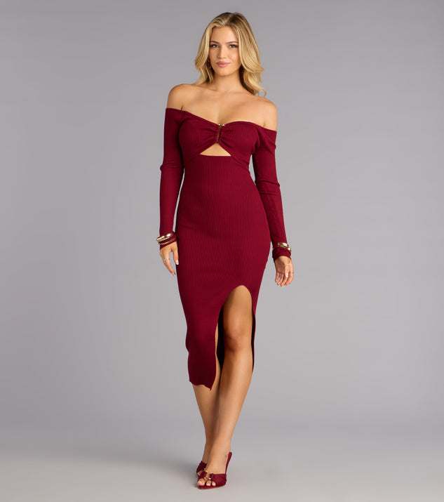 Windsor Chic Attitude Ribbed Knit Off-The-Shoulder Midi Dress