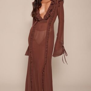 PrettyLittleThing Chocolate Chiffon Long Sleeve Ruffle Detail Maxi Dress
