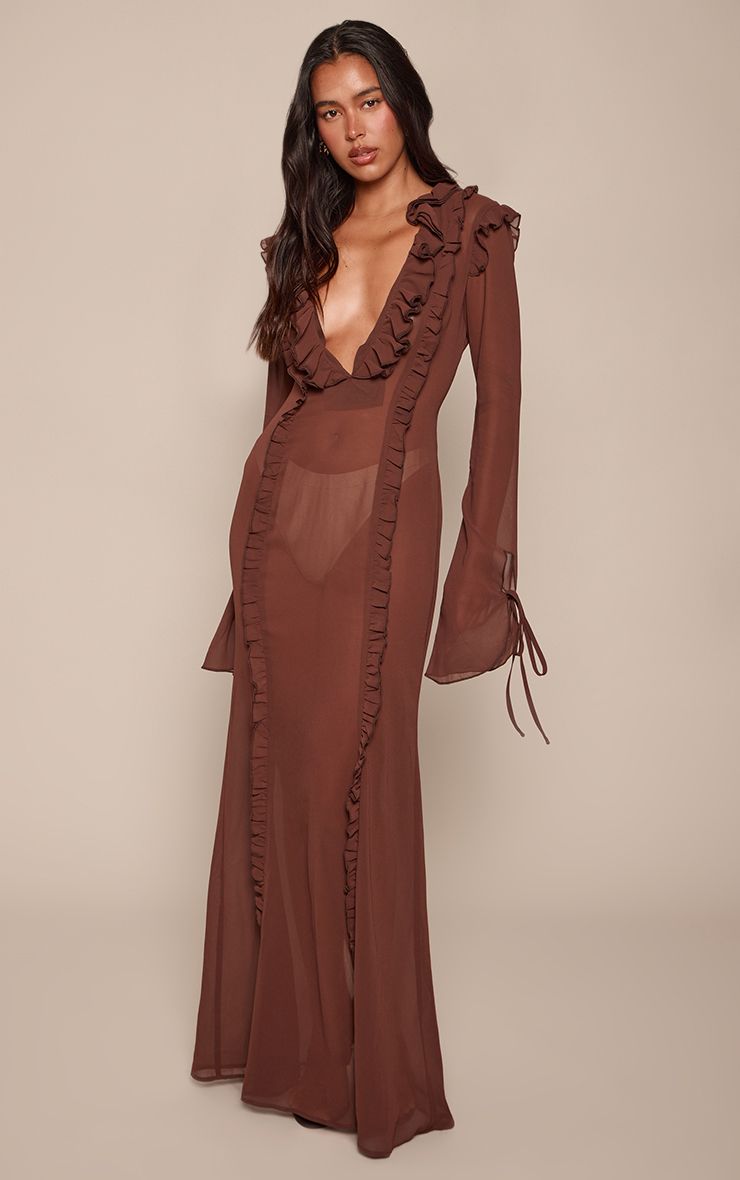 PrettyLittleThing Chocolate Chiffon Long Sleeve Ruffle Detail Maxi Dress