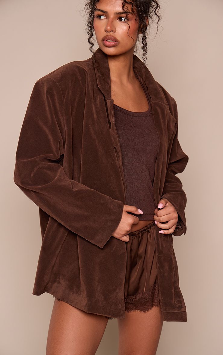 PrettyLittleThing Chocolate Faux Suede Boxy Asymmetric Blazer