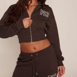 PrettyLittleThing Chocolate PLT Cropped Funnel Neck Zip Up Jacket Chocolate PLT Cropped Funnel Neck Zip Up Jacket