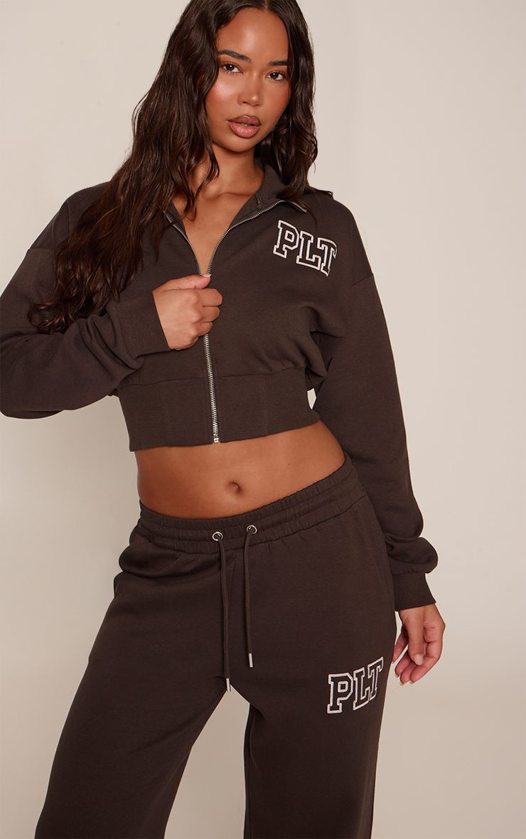 PrettyLittleThing Chocolate PLT Cropped Funnel Neck Zip Up Jacket