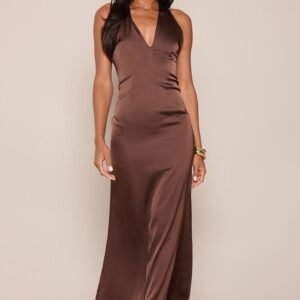 PrettyLittleThing Chocolate Satin Halterneck Sleeveless Maxi Dress