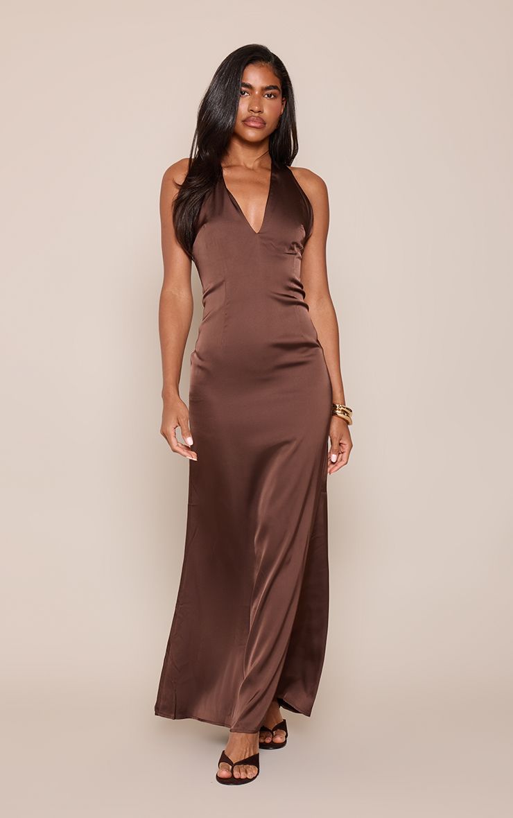 PrettyLittleThing Chocolate Satin Halterneck Sleeveless Maxi Dress