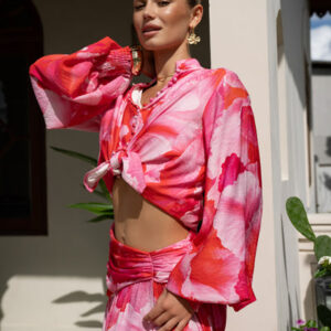Chrisella Pink Floral Balloon Sleeve Blouse
