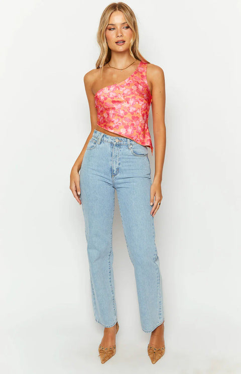 BB Exclusive Claudi Orange And Pink Satin One Shoulder Top