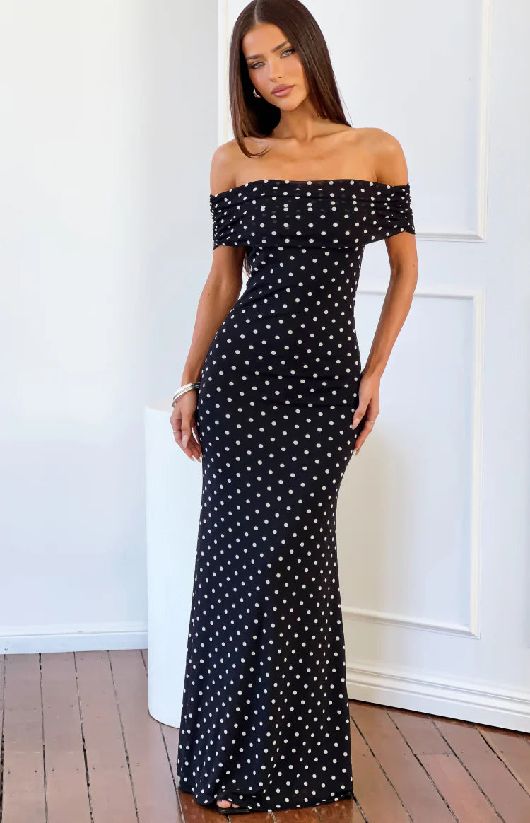 BB Exclusive Cole Black Polka Mesh Maxi Dress