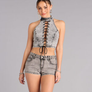 Confidence On Cue Lace-Up Denim Crop Top