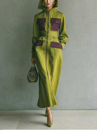 Cotton and Linen Casual Color Block Pockets Hooded Maxi Dress