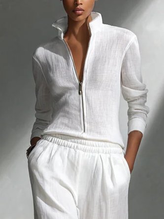 Cotton and Linen Casual Plain Zipper Stand Collar Blouse